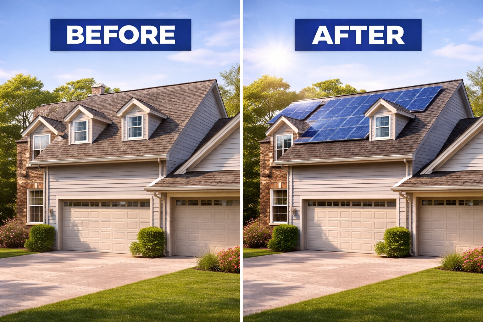 Before and after solar roofing on a residential roof in Connecticut